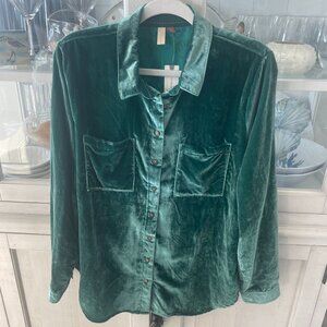 PILCRO RELAXED VELVET BUTTON DOWN ANTHROPOLOGIE GREEN SIZE M NWT